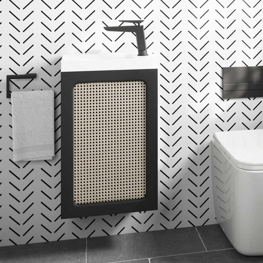 Lifestyle image of Crosswater Alo 400mm Black & Rattan Wall-Hung Vanity Unit & Basin